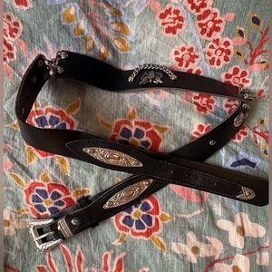 Vintage Western Black Leather Concho Belt Silver Chain Eagle Accent
